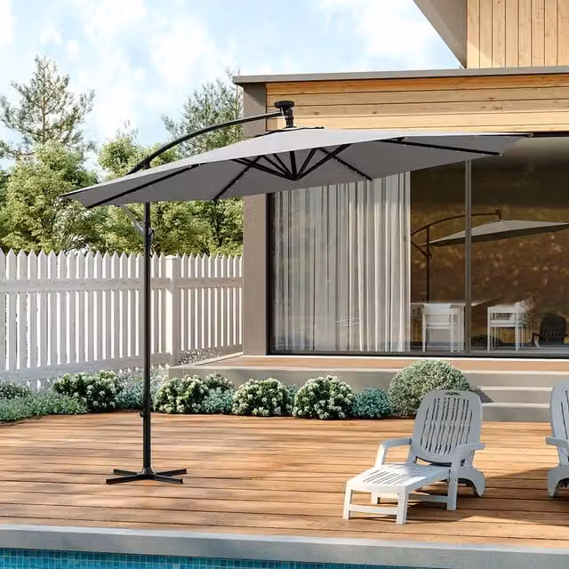 Livingandhome Lighted Garden Parasol Outdoor Umbrella with Cross Base, Grey