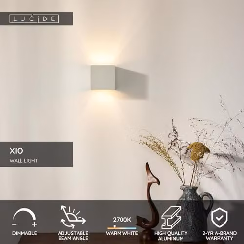 Lucide XIO White Cube LED Wall Light with Adjustable Beam Angle and Dimmable Warm White Up and Down Lighting – 2