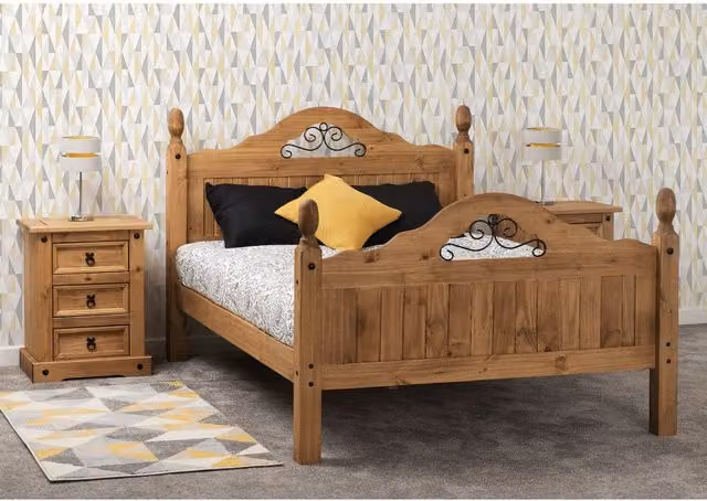 Seconique Corona Scroll 4'6" High End Bed in Distressed Waxed Pine, Brown and Yellow