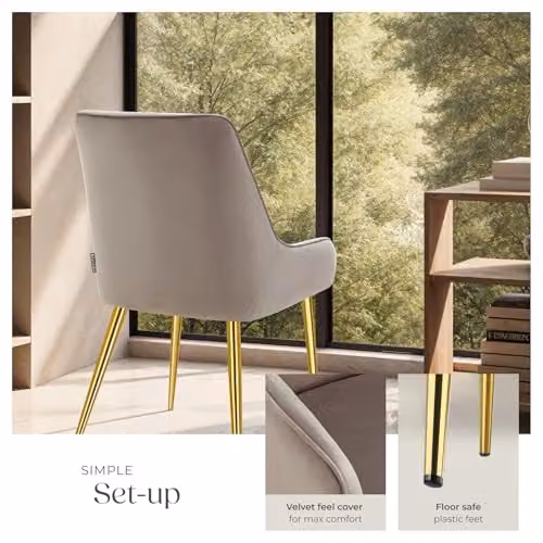 tectake Set of 6 Avane Dining Chairs in Taupe Velvet Fabric with Armrests and Metal Legs – 5