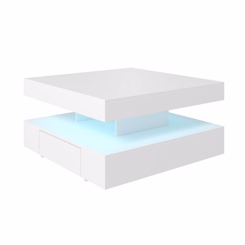 KEEPREAPER Modern LED Coffee Table with 2 Storage Drawers in White – 2