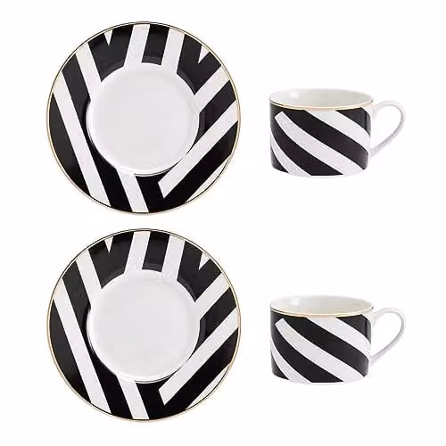 Mikasa Luxe Deco Geometric Bone China Tea Cup and Saucer Set of 2, 200ml, Black, White and Gold