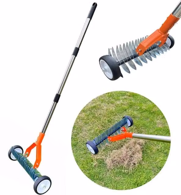 FLAVORA Manual Lawn Aerator and Scarifier with Handle, Orange and Multicolour, 1.25 kg – 1