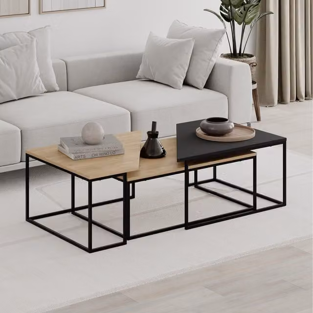 Decortie 3-Piece Nesting Coffee Table Set in Oak and Black