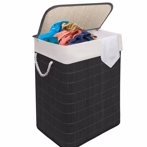 MantraRaj 105L Bamboo Laundry Basket with Lid and Two Compartments, Black and Grey – 1