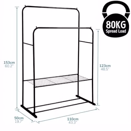 House Of Home Heavy Duty Double Metal Clothes Rail with Shoe Rack in Matt Black, W/D/H: 153 x 110 x 50 cm – 3