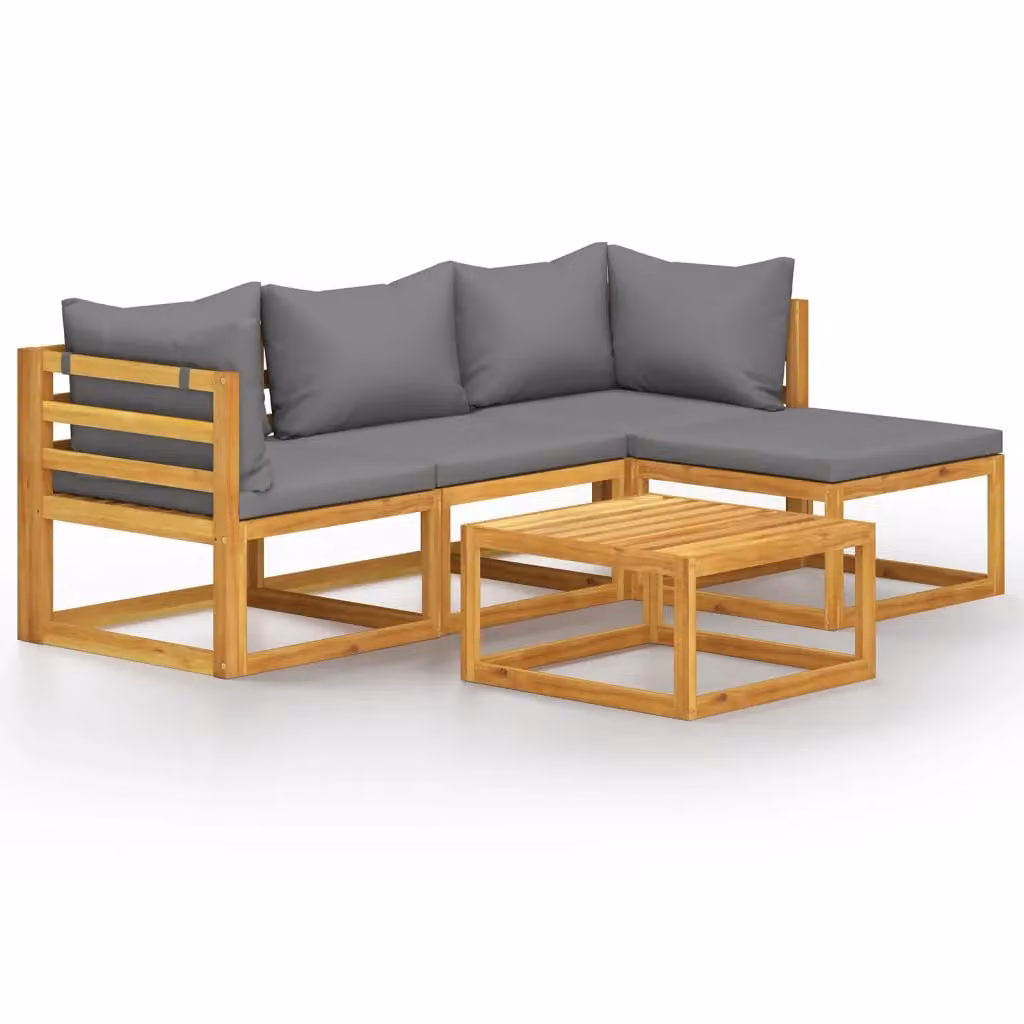 Berkfield Home 5 Piece L-Shape Garden Lounge Set with Cushions in Brown Solid Acacia Wood – 2