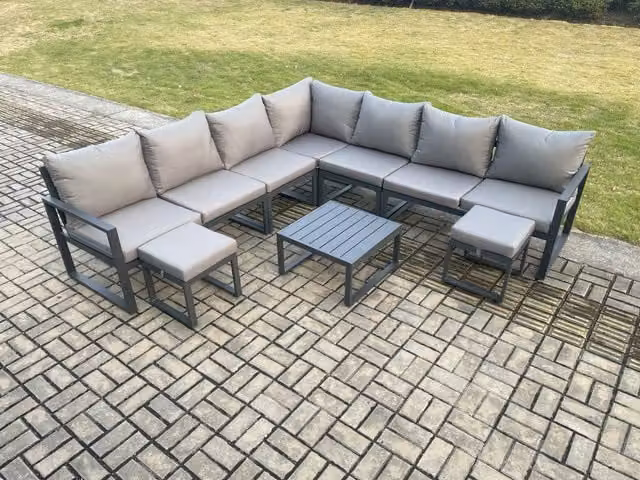 Fimous Outdoor Garden Furniture Set with L-Shape Corner Sofa, Square Coffee Table and 2 Ottomans in Dark Grey Powder Coated Aluminium