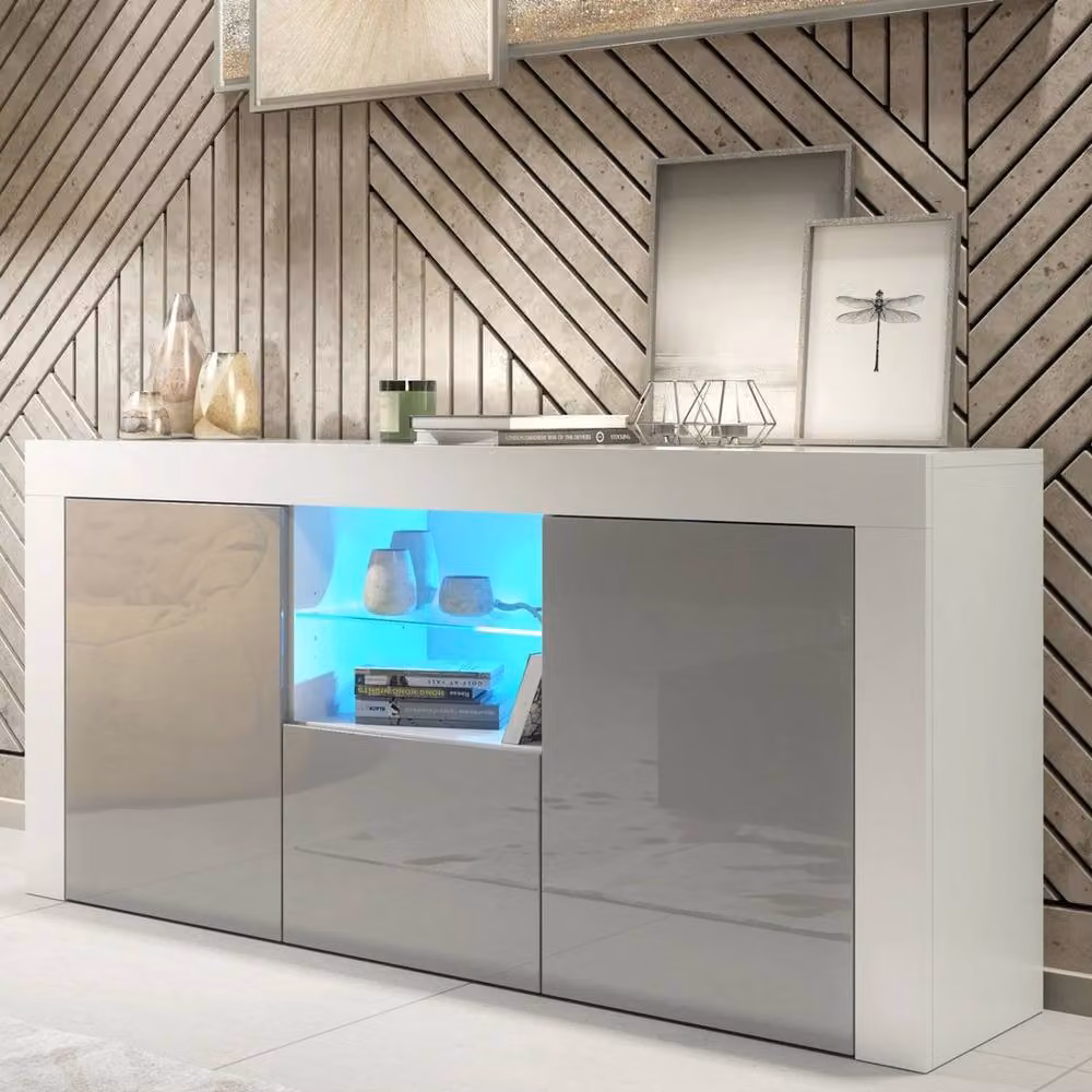 FORGEVIO Modern TV Unit Cabinet with White Matt Body and Grey Gloss Doors – 2