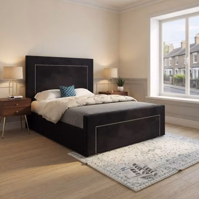 KDMD Lutterworth Upholstered Black Velvet Designer Bed Frame, W/D/H: 180 x 137 x 159 cm – 1