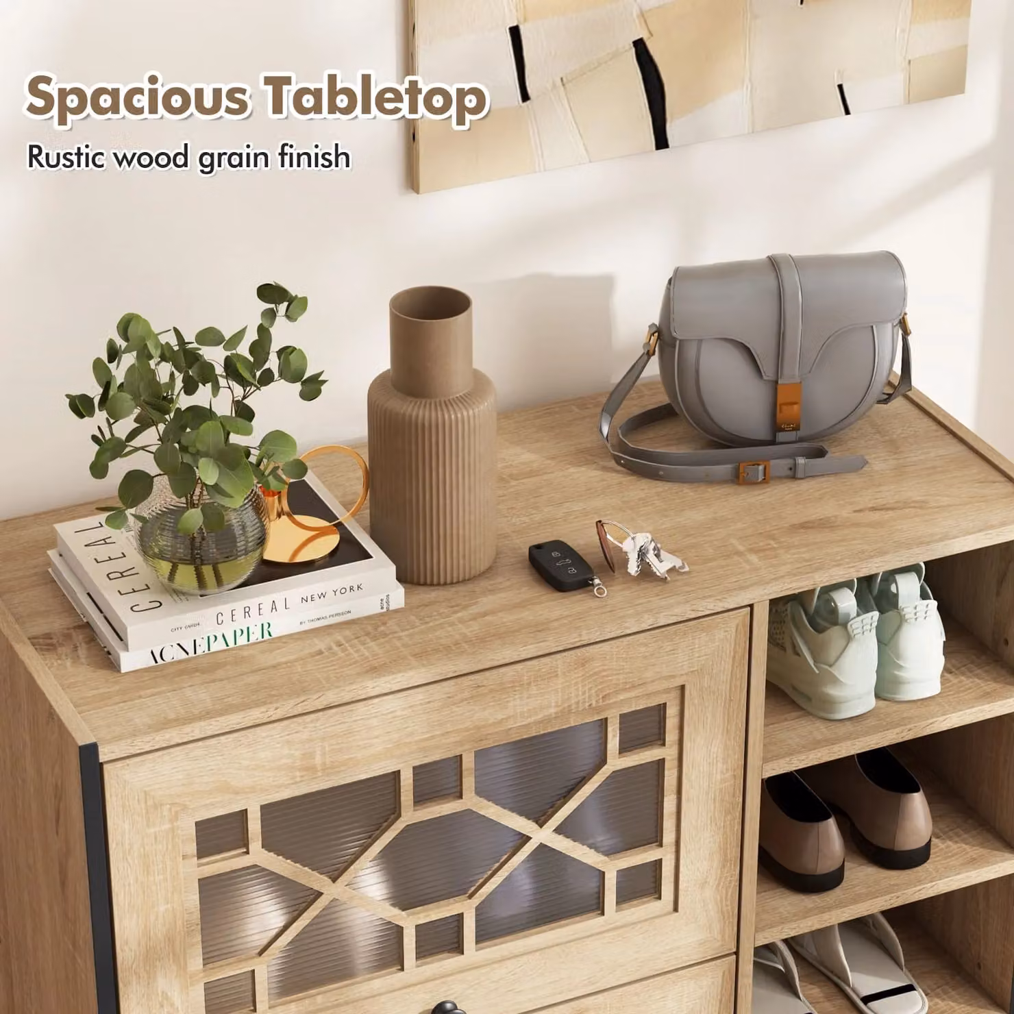 Costway Freestanding Shoe Storage Cabinet with Tilting Flip Doors in Light Oak – 2