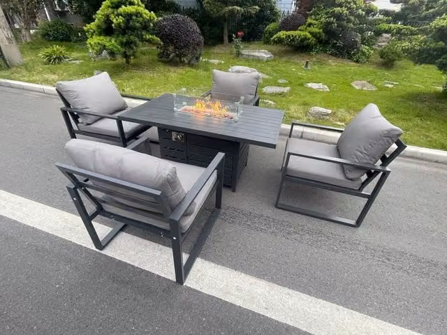 Fimous 4 Seat Garden Dining Set with Gas Fire Pit Table and Chairs in Dark Grey