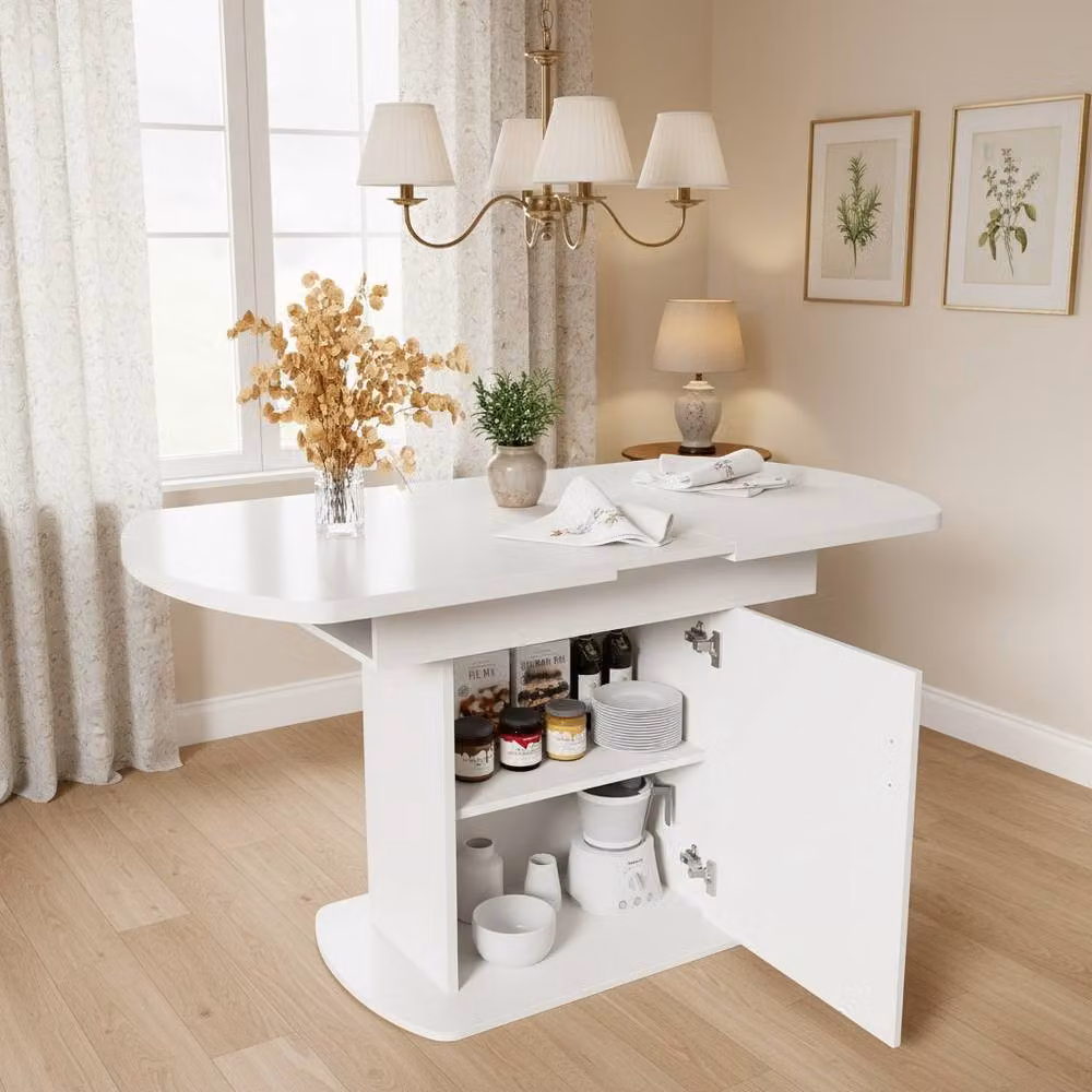 Merax Extendable Oval Pedestal Dining Table with Built-in Storage Cabinet in White and Silver – 2