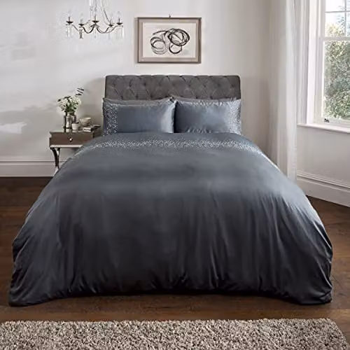 Sleepdown Gem Embellished Mako Sateen Duvet Cover and Pillowcase Bedding Set, Charcoal Grey, W: 230 cm, H: 220 cm