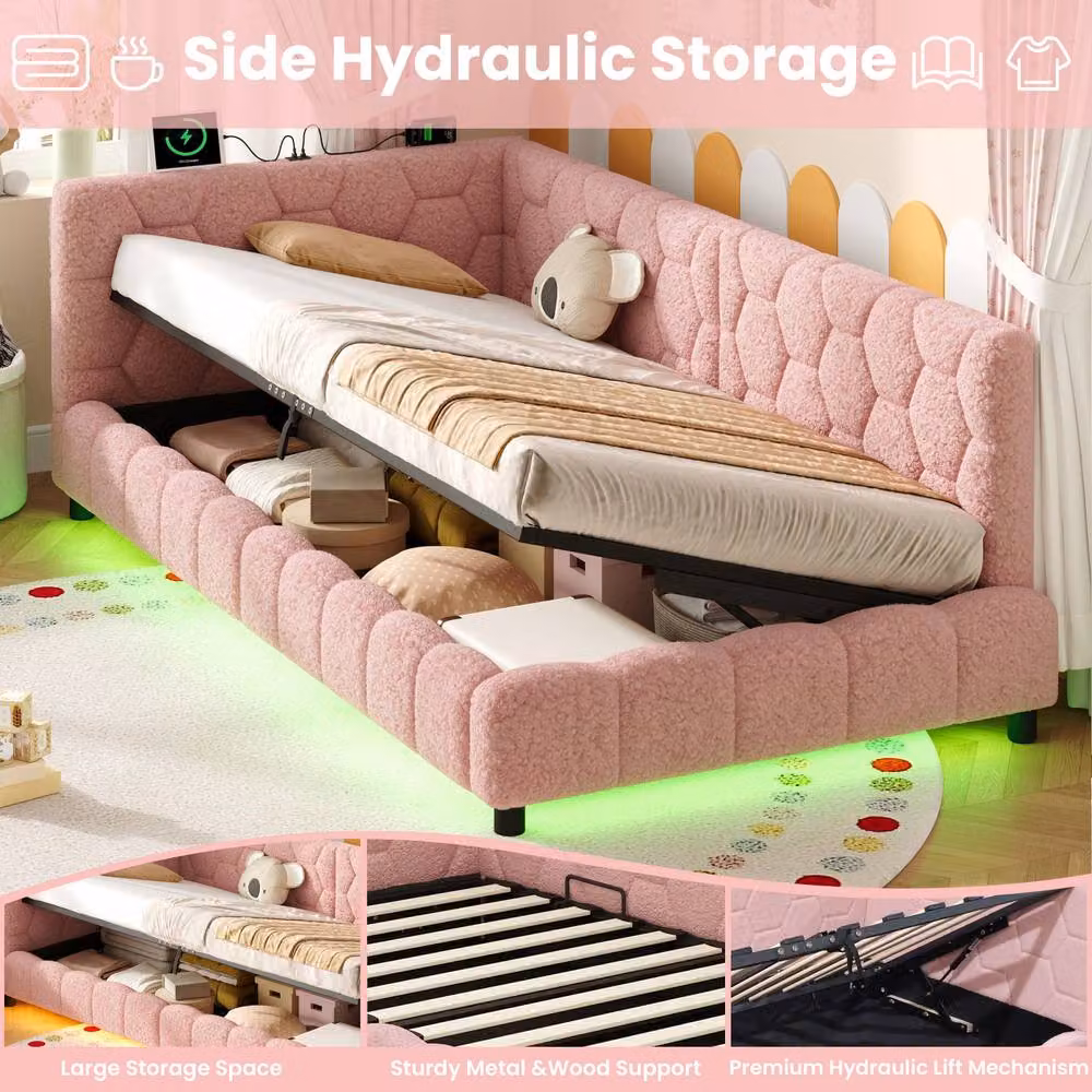 Matteo Pink Boucle 3ft Single Hydraulic Storage Bed with Smart RGB LED Lights and USB Charging Port W/D/H: 90 x 190 cm – 5
