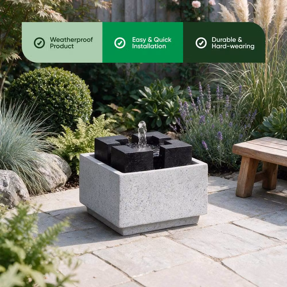 Gardenwize Solar Powered Square Tabletop Garden Water Fountain in Grey, W/D/H: 22 x 22 x 18 cm – 3