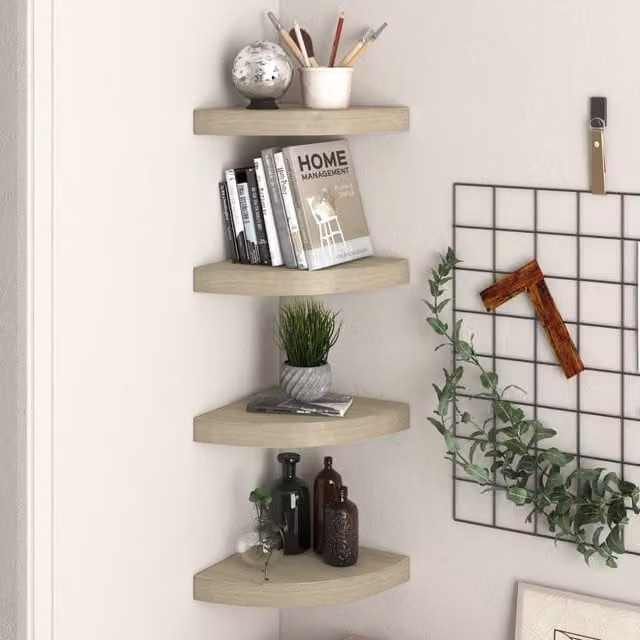 Berkfield Home Set of 4 Floating Corner Shelves in Brown Oak MDF, W/D/H: 25 x 25 x 3.8 cm