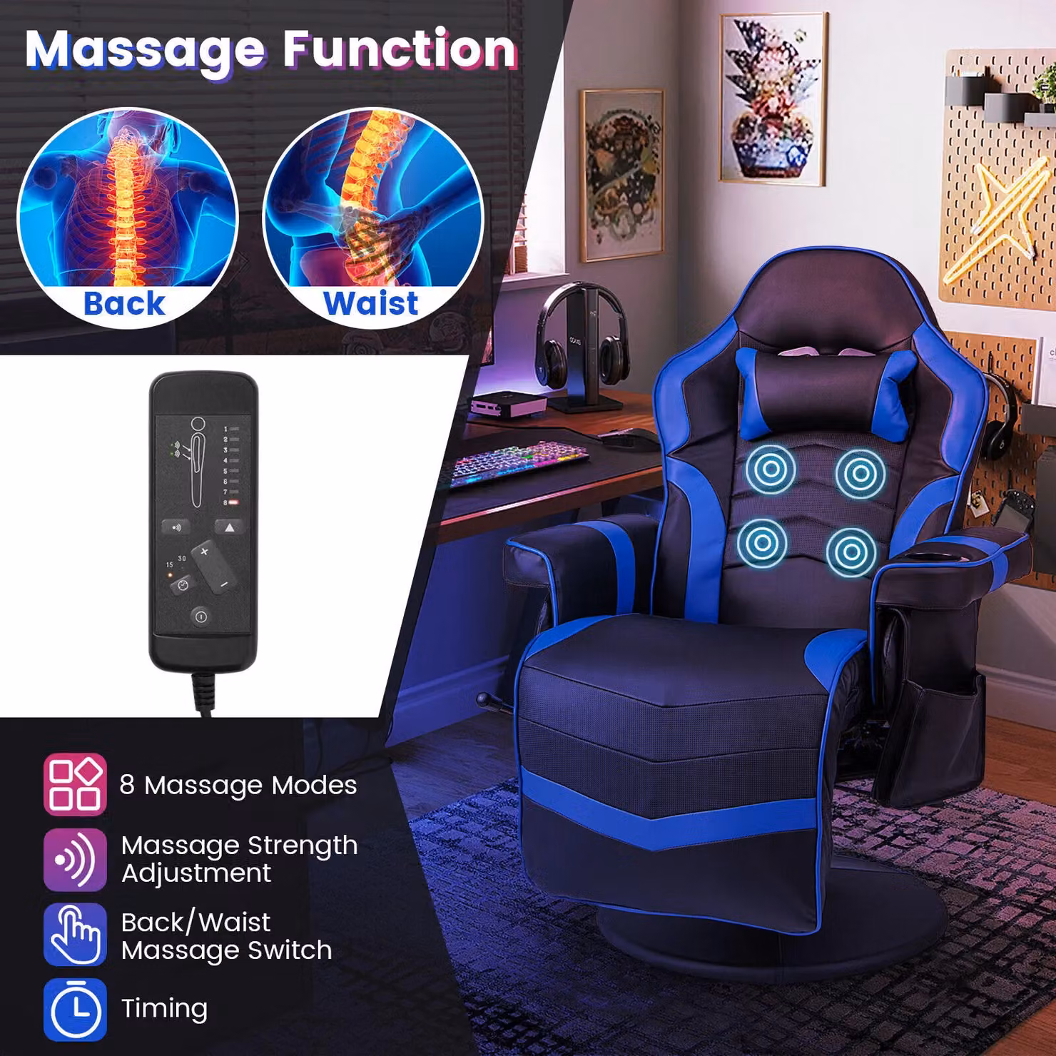 Gymax Blue PU Leather Massage Gaming Chair with Adjustable Height, Swivel Recliner and Headrest – 6