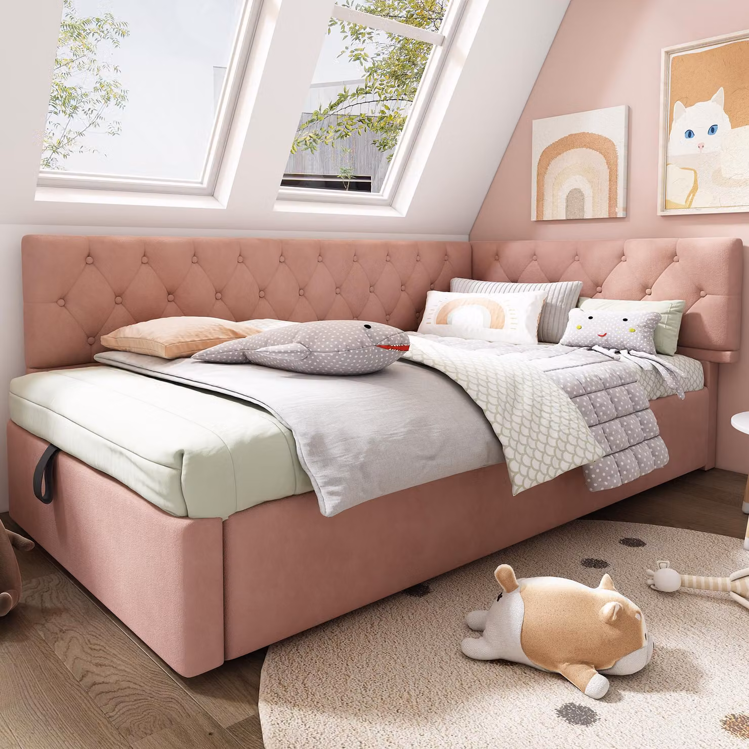 Aosom UK Pink Velvet L-Shaped Upholstered Daybed with Hydraulic Ottoman Storage and Single Sofa Bed, W/D/H: 100 x 196 x 77 cm – 8