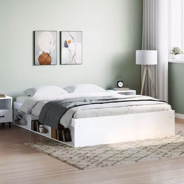 Berkfield Home Modern White Bed Frame with Side Compartments and Bedside Shelf, W: 160 cm, D: 200 cm