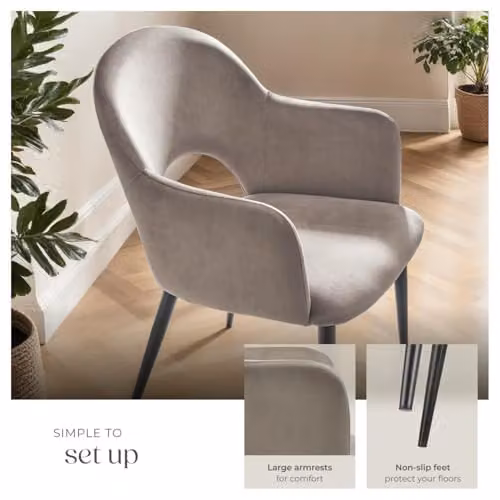 tectake Set of 2 Sasha Dining Chairs in Taupe Velvet Fabric with Metal Legs – 4