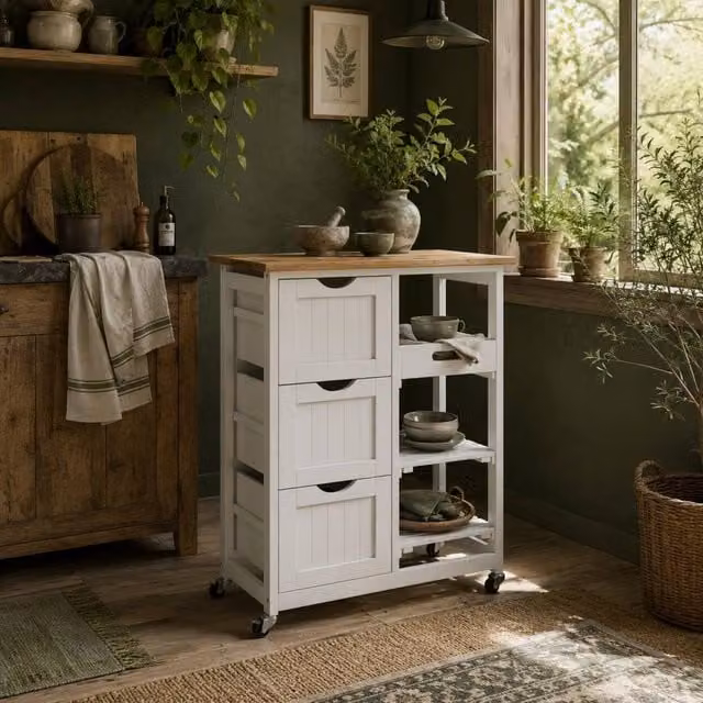 Wyld Haus Compact White Rolling Kitchen Island with Natural Rubberwood Top, W/D/H: 67.0 x 37.0 x 85.5 cm – 1