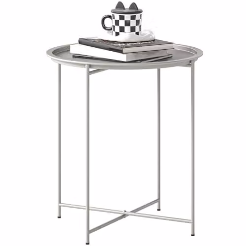 Outsunny Round Garden Side Table with Removable Tray, White and Light Grey, W/D/H: 46 x 46 x 53 cm