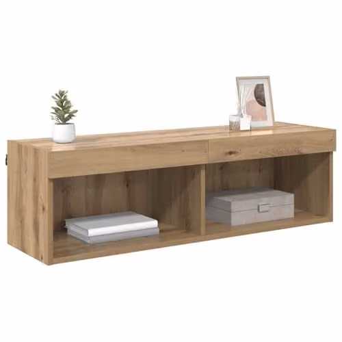vidaXL Wall-Mounted TV Cabinet in Oak with Integrated Lighting and Internal Shelves, W/D/H: 100 x 30 x 30 cm – 1