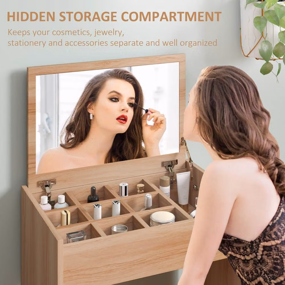 HOMCOM Dressing Table Set with Flip-up Mirror and Padded Stool in Natural Brown – 4