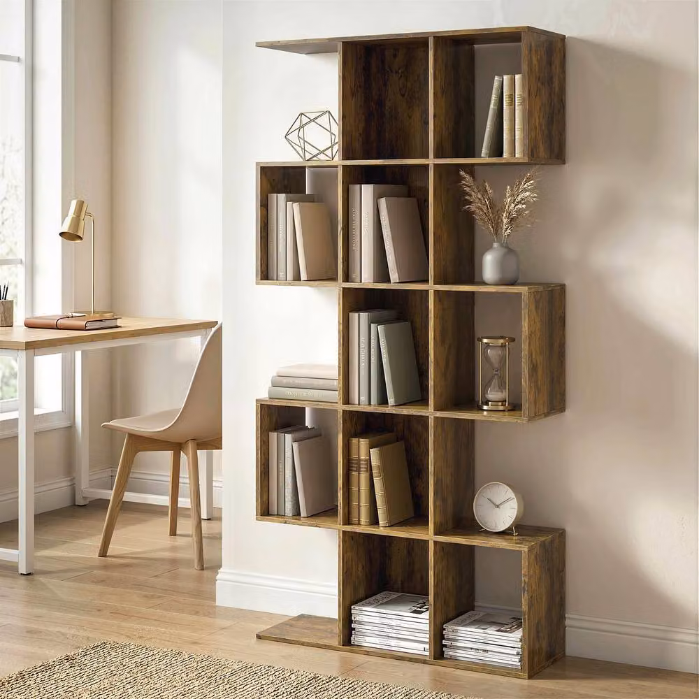 HOMCOM 5-Tier Geometric S-Shaped Bookshelf in Brown – 2