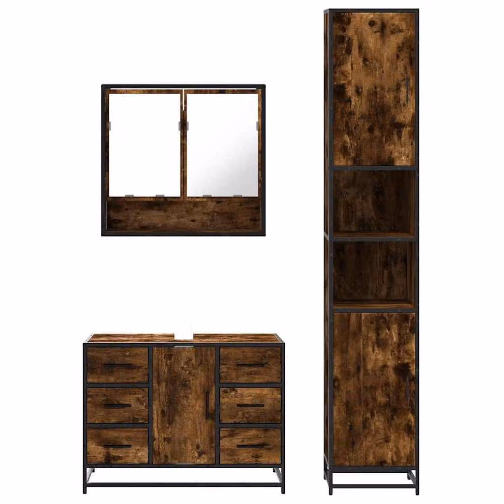 Berkfield Home 3 Piece Industrial Bathroom Furniture Set in Brown Smoked Oak – 3