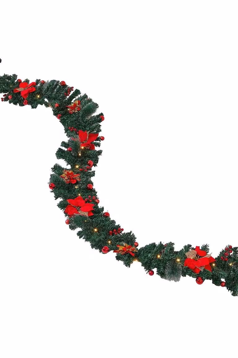 Living and Home 270cm Artificial Christmas Garland Decoration in Green with Red Baubles and Foliage