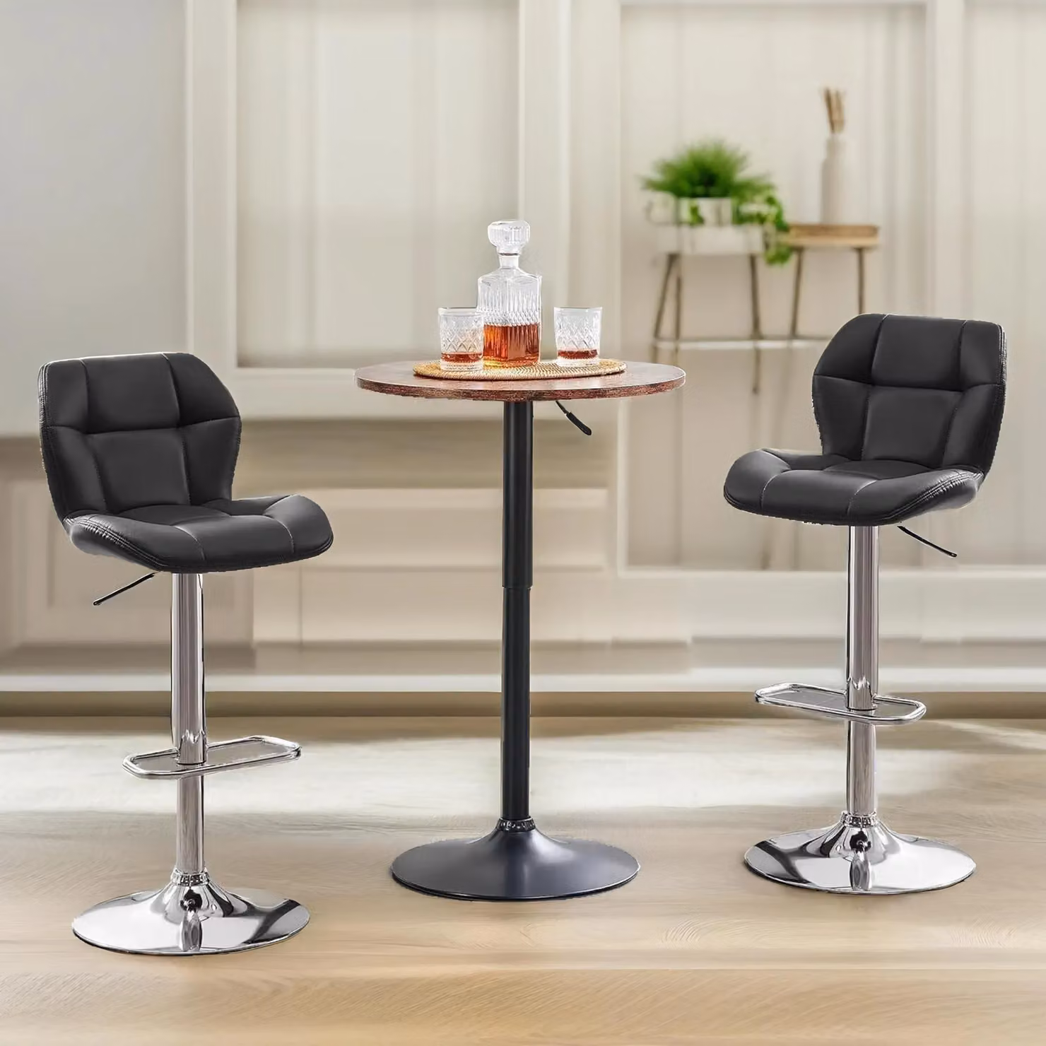 FURNOS Set of 2 Black Synthetic Leather Height Adjustable 360 Swivel Barstools with Backrest – 2