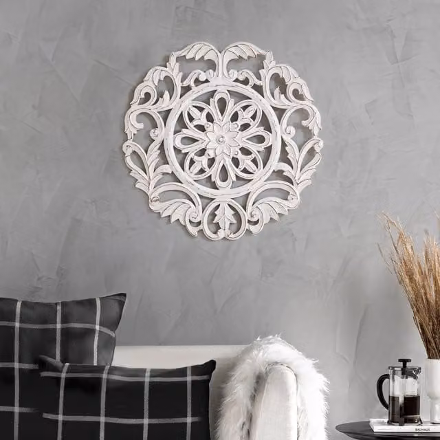 MH London Lassi Medallion Hand Carved White Floral Wood Wall Plaque