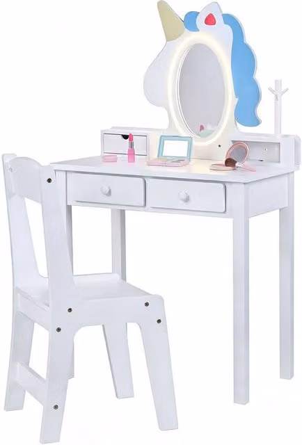 CASART Kids Vanity Set with Lighted Unicorn Mirror 2-in-1 Toddler Makeup Desk in White