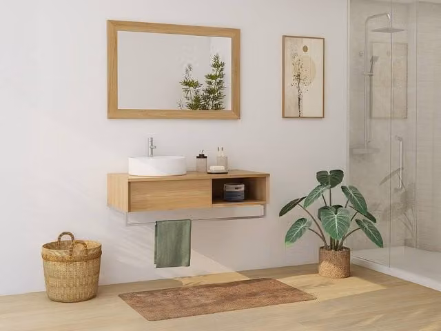 Vente-unique Suspended Teak Bathroom Vanity Unit with Towel Rail and Round Ceramic Basin in Light Oak