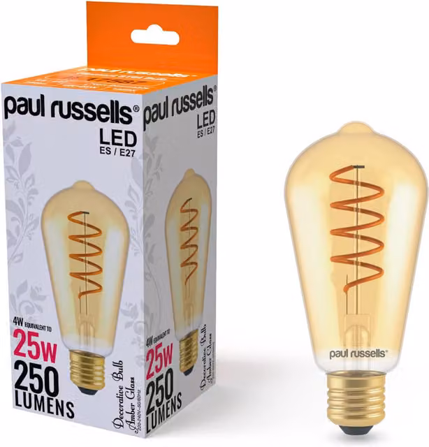 Paul Russells 4W LED ST64 E27 Vintage Filament Bulb, 250lm, 1800K Extra Warm White, Transparent Amber