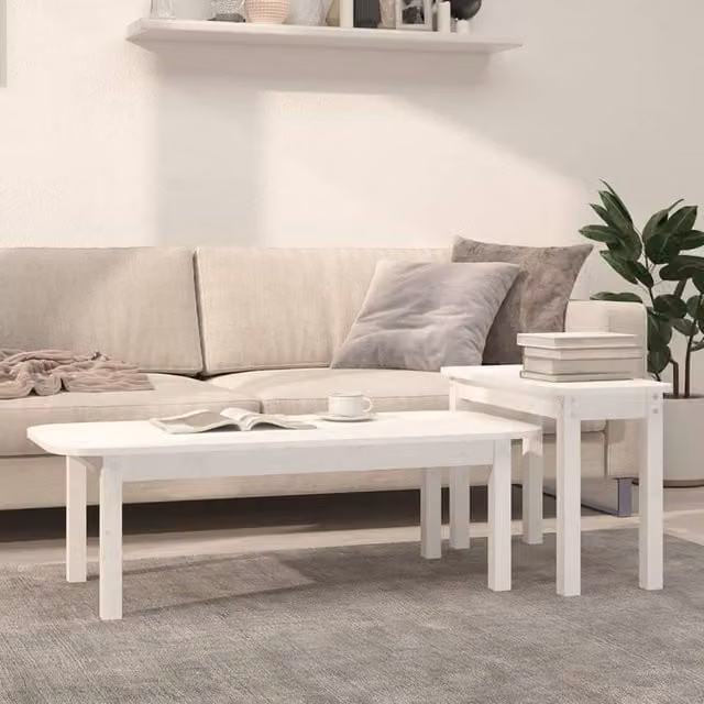 Berkfield Home 2 Piece White Solid Pine Wood Nested Coffee Table Set – 1