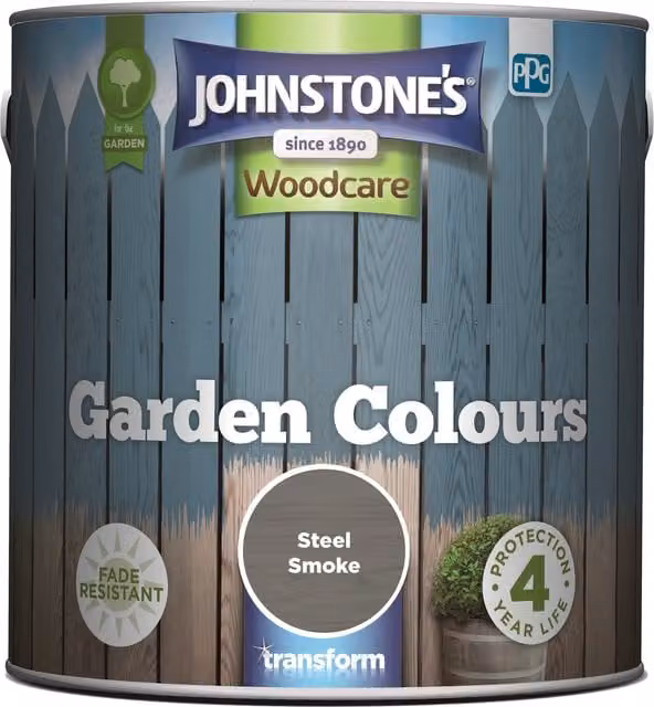 Johnstone's Garden Colour Steel Smoke Wood Paint in Grey and Orange
