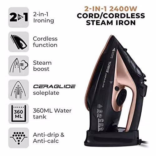 Tower T22008 Cordless Steam Iron 2400W with Ceramic Non-Stick Soleplate and 360ml Water Tank, Purple and Gold – 2