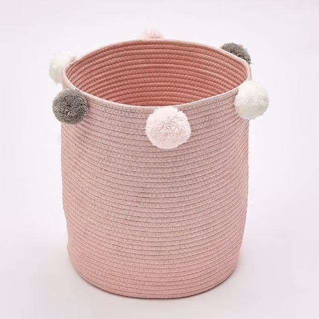 Livingandhome Pink Cotton Rope Woven Laundry Basket Organizer with Pompoms