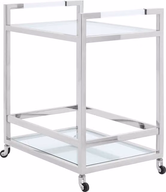 Orsina 2 Tier Modern Luxe Drinks Trolley in Polished Silver Stainless Steel with Clear Tempered Glass