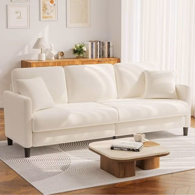 Dprodo 3-Seater Modern Teddy Bouclé Fabric Sofa in Beige, Width: 210 cm