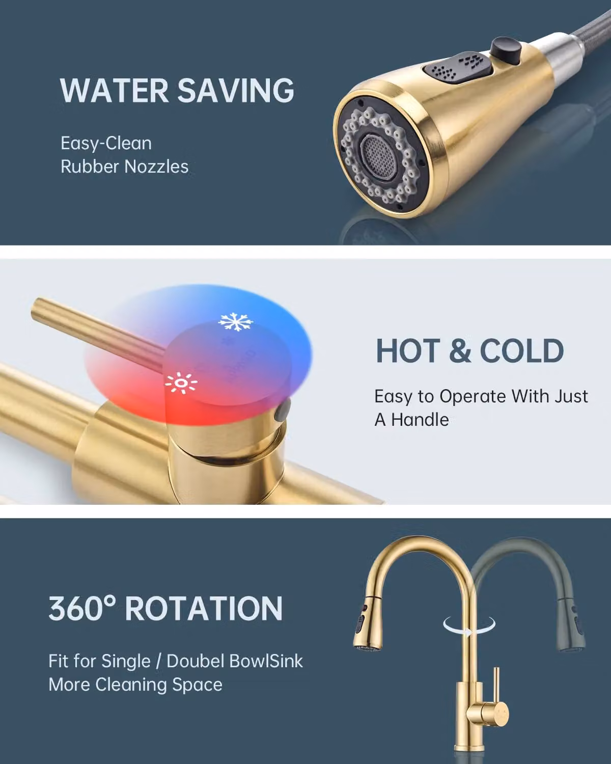Appaso Gold Single Lever Kitchen Sink Mixer Tap with 3 Spray Modes and Pull Out Spout – 6