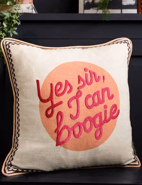 Rockett St George Yes Sir Graphic Square Piped Cushion in Orange and Beige Pure Cotton