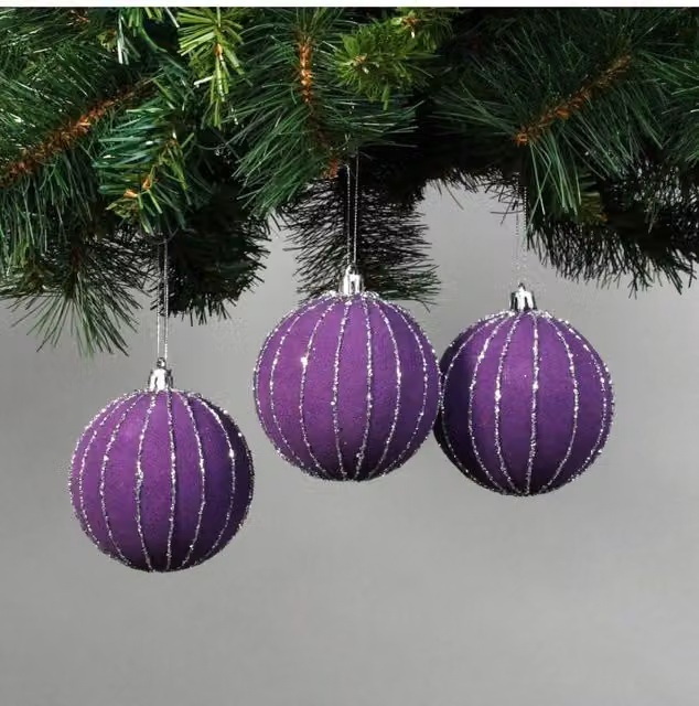KDMD Set of 6 Purple Velvet Christmas Baubles with Glitter, Diameter: 8 cm – 1