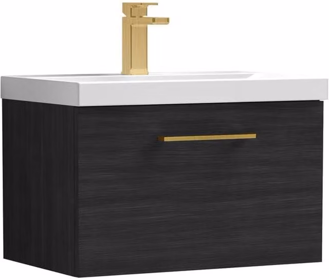 Balterley 600mm Wall Hung 1 Drawer Vanity Unit in Woodgrain Black with Black Brass Handle – 1