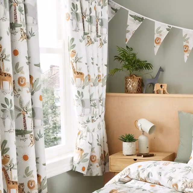 Happy Linen Company Jungle Safari Animals Thermal Blackout Pencil Pleat Curtain Set in Ivory, Width: 167 cm, Drop: 183 cm