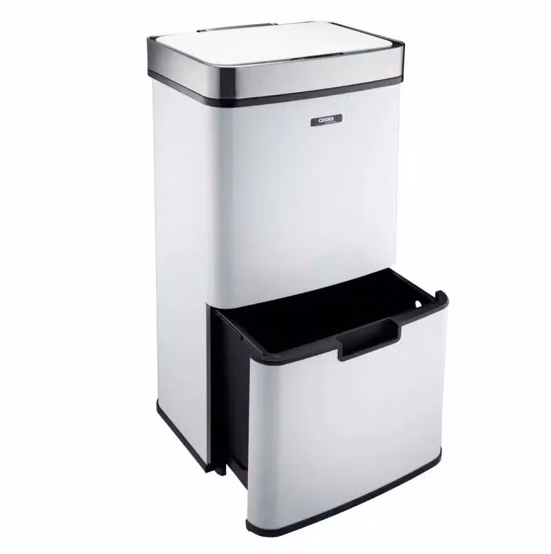 Cooks Professional 75L Sensor Recycling Bin with Dual Compartments and Removable Food Caddy in White and Silver Stainless Steel – 2