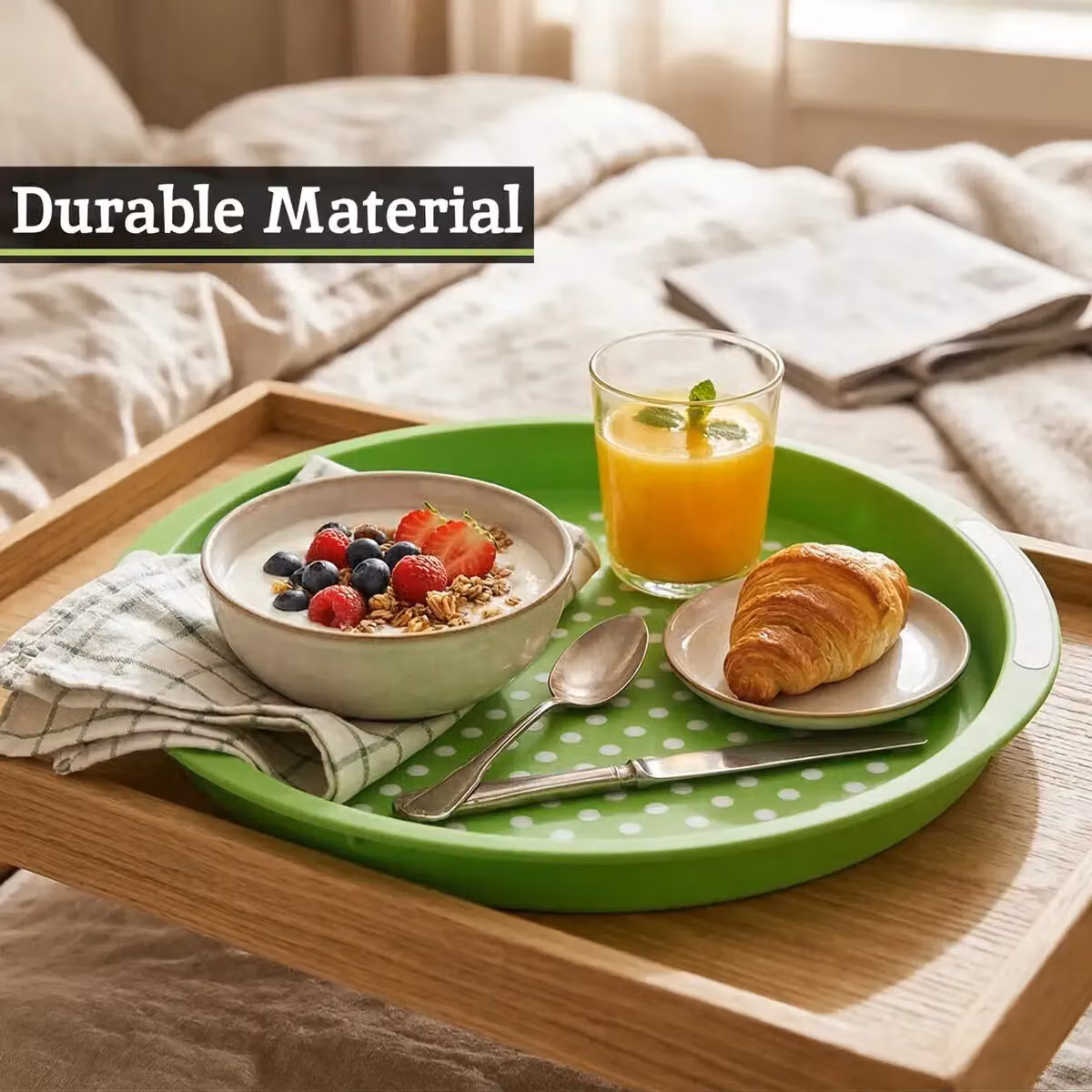 Orsina Round Non-Slip Plastic Serving Tray with Integrated Handles, Green, W/D: 40.0 x 40.0 cm, H: 4.0 cm – 4